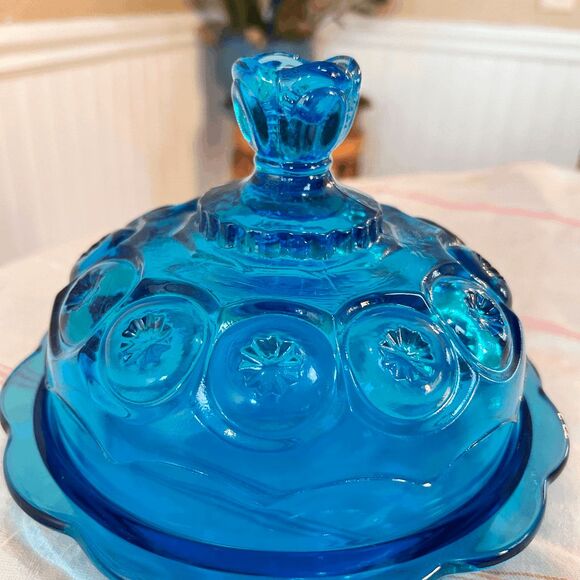 Vintage L.E Smith Colonial Blue Moon and Stars Mould Weishar Glass Cheese/Butter - Picture 5 of 8